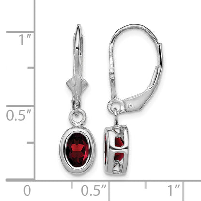 Sterling Silver Rhodium Plated 7x5mm Oval Garnet Leverback Earrings