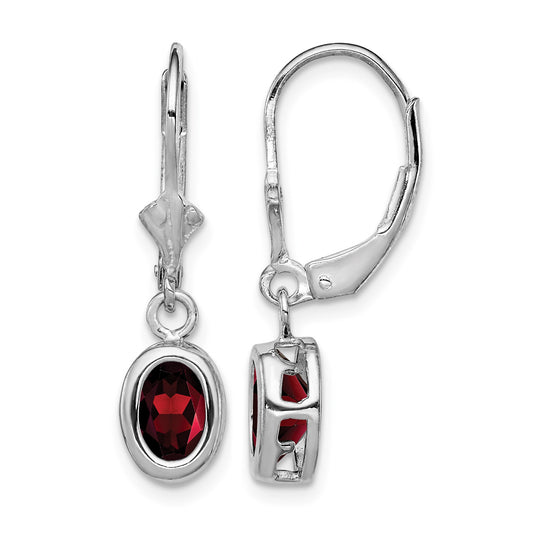 Sterling Silver Rhodium Plated 7x5mm Oval Garnet Leverback Earrings