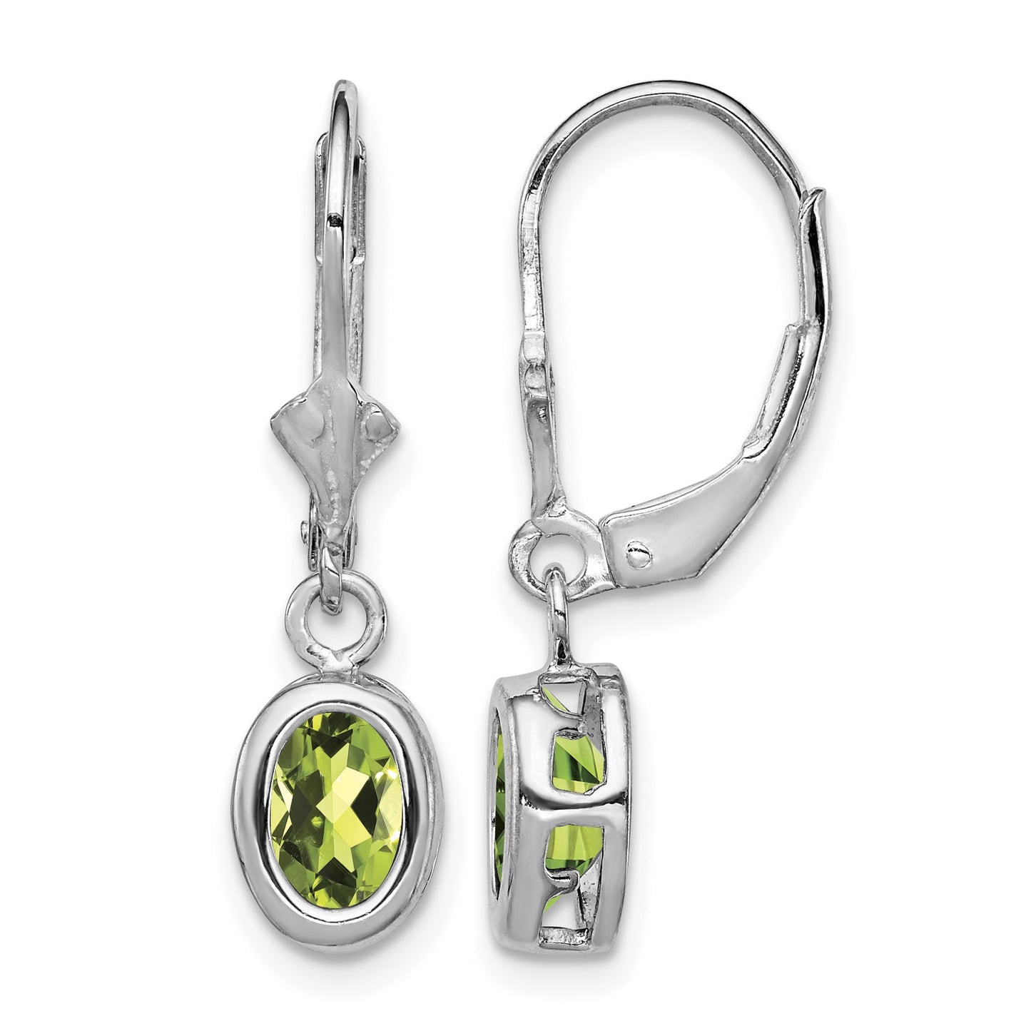 Sterling Silver Rhodium Plated 7x5mm Oval Peridot Leverback Earrings