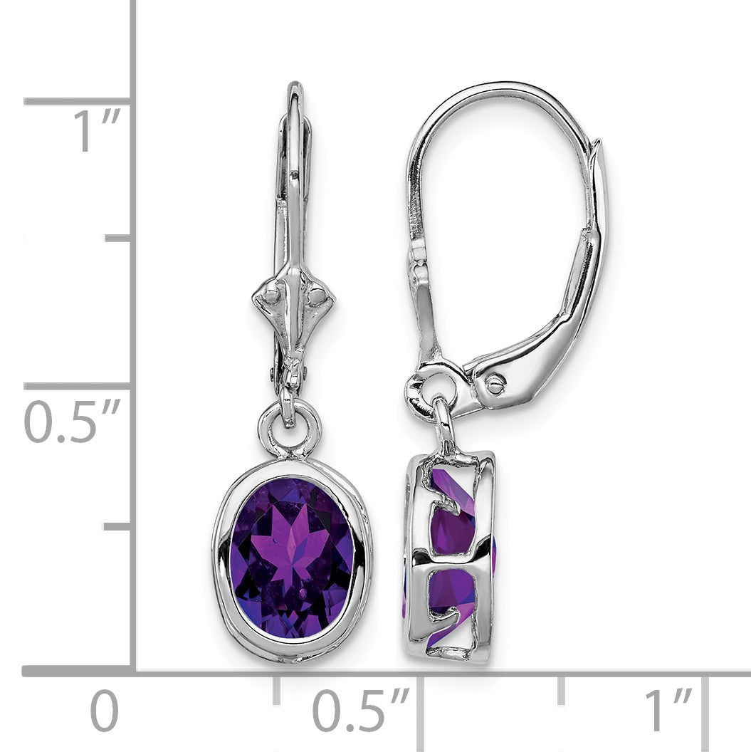 Sterling Silver Rhodium Plated 8x6mm Oval Amethyst Leverback Earrings