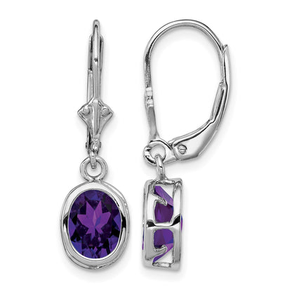 Sterling Silver Rhodium Plated 8x6mm Oval Amethyst Leverback Earrings