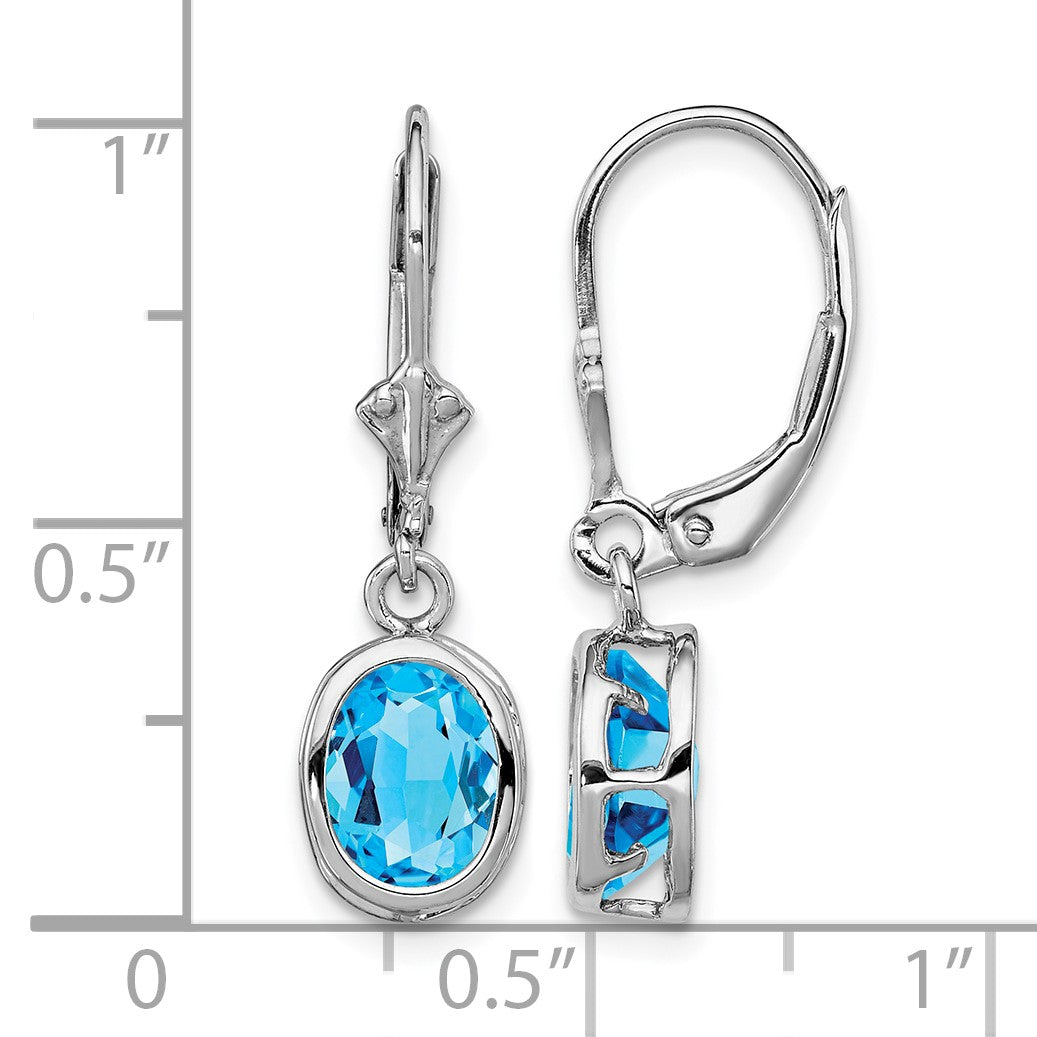 Sterling Silver Rhodium Plated 8x6mm Oval Blue Topaz Leverback Earrings