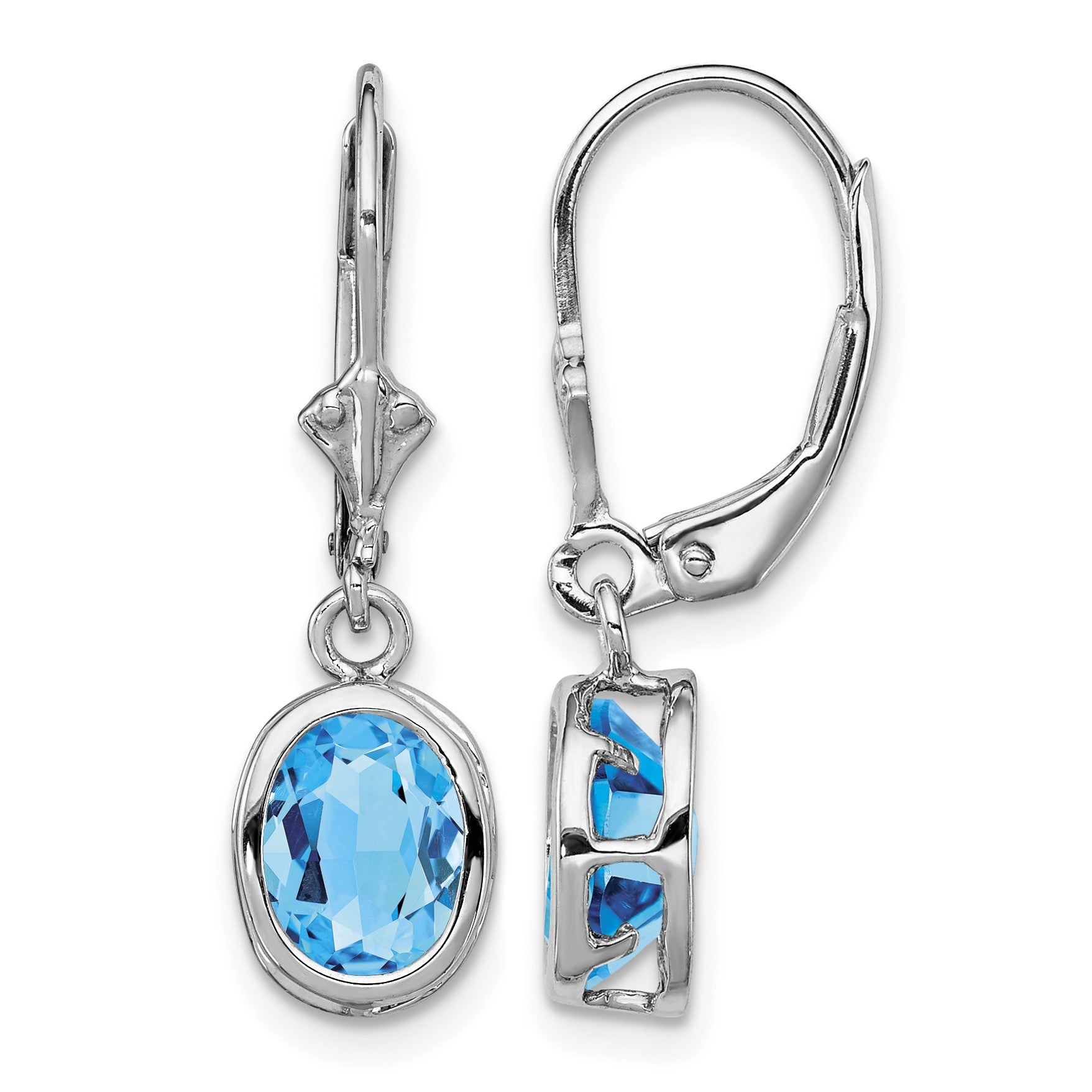 Sterling Silver Rhodium Plated 8x6mm Oval Blue Topaz Leverback Earrings