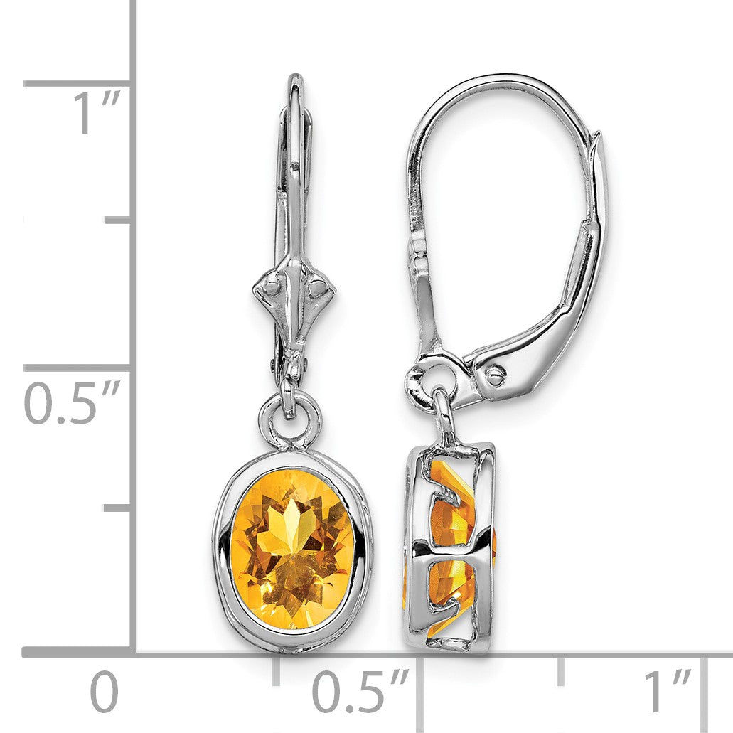 Sterling Silver Rhodium Plated 8x6mm Oval Citrine Leverback Earrings