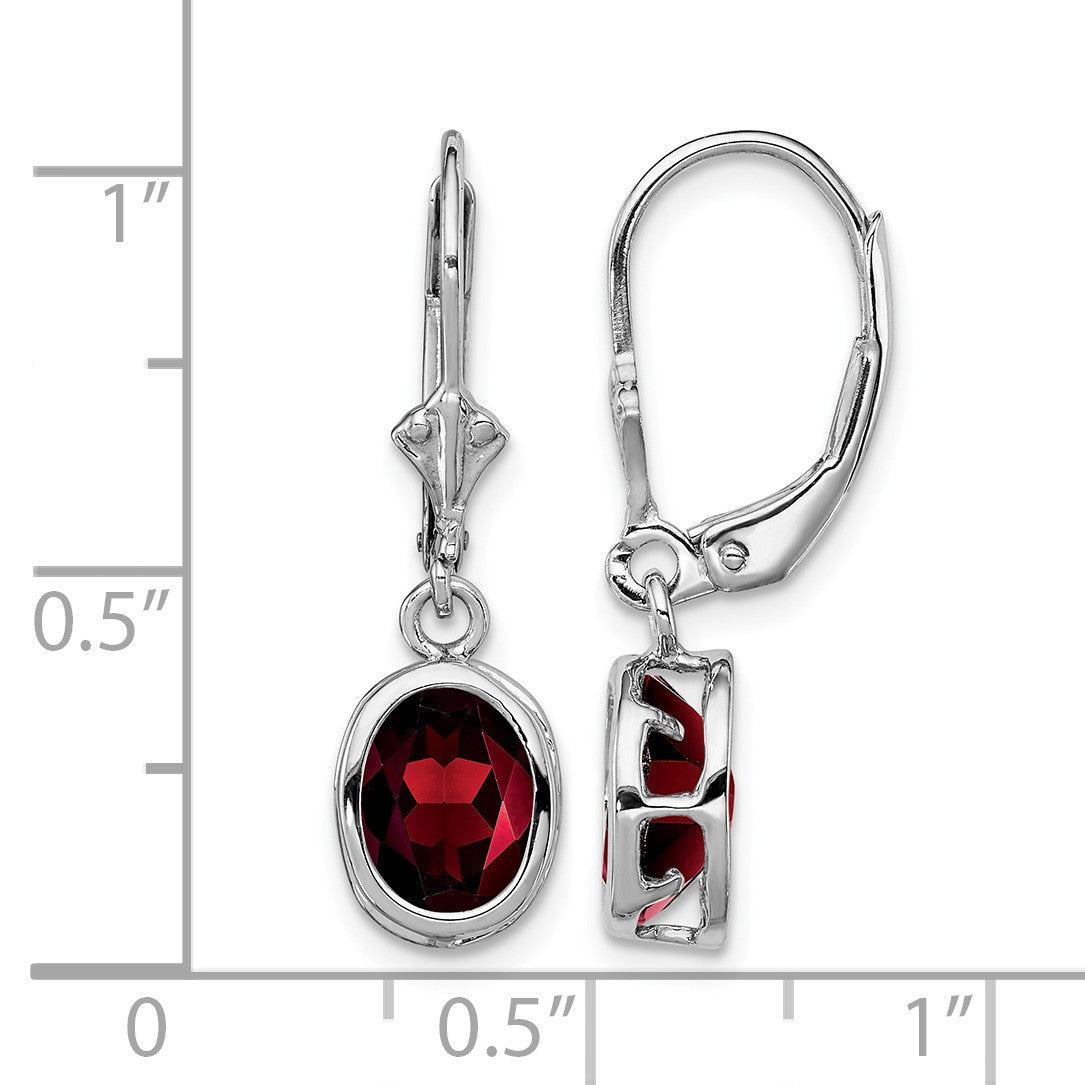 Sterling Silver Rhodium Plated 8x6mm Oval Garnet Leverback Earrings