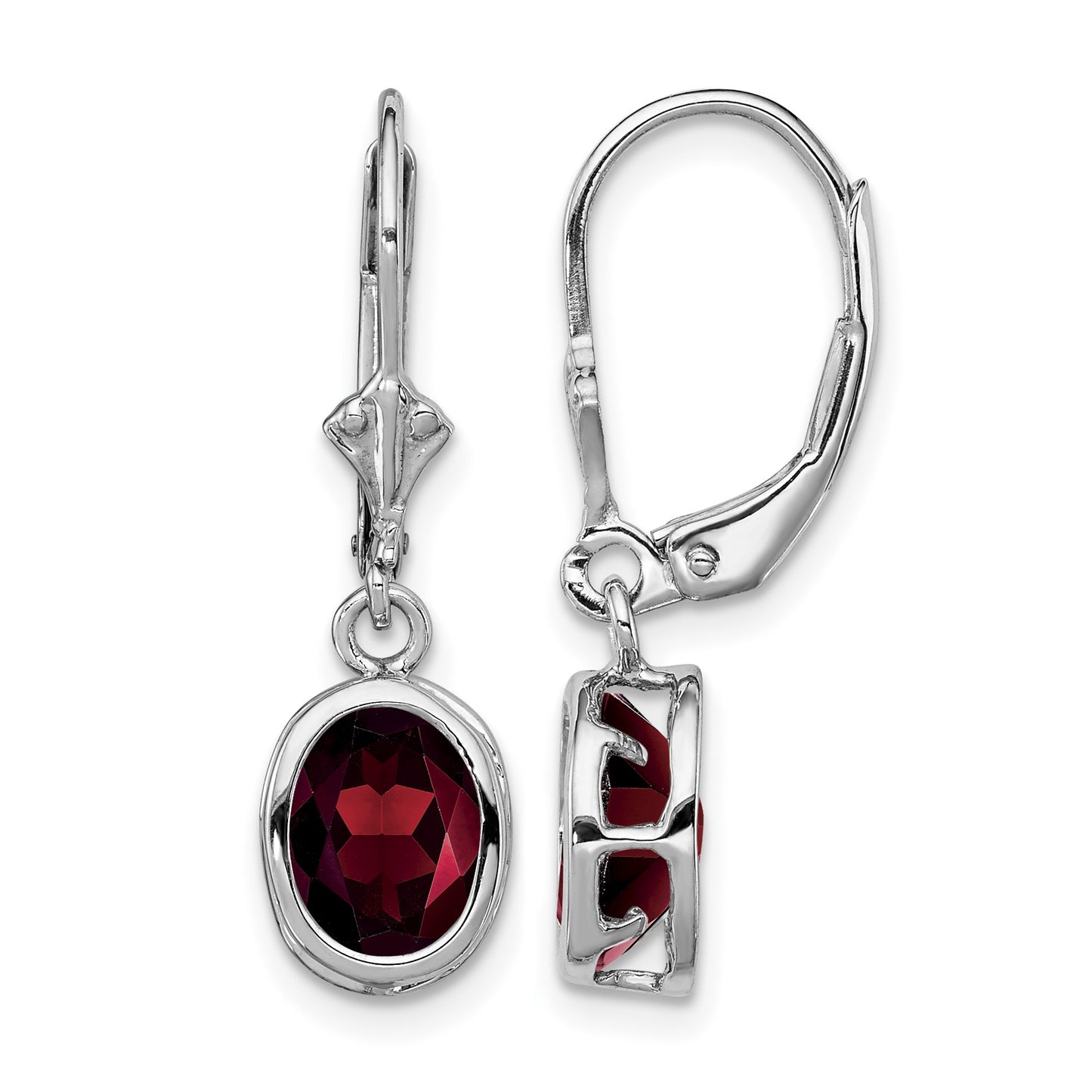 Sterling Silver Rhodium Plated 8x6mm Oval Garnet Leverback Earrings