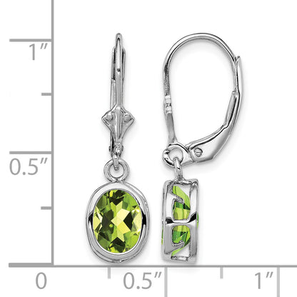 Sterling Silver Rhodium Plated 8x6mm Oval Peridot Leverback Earrings