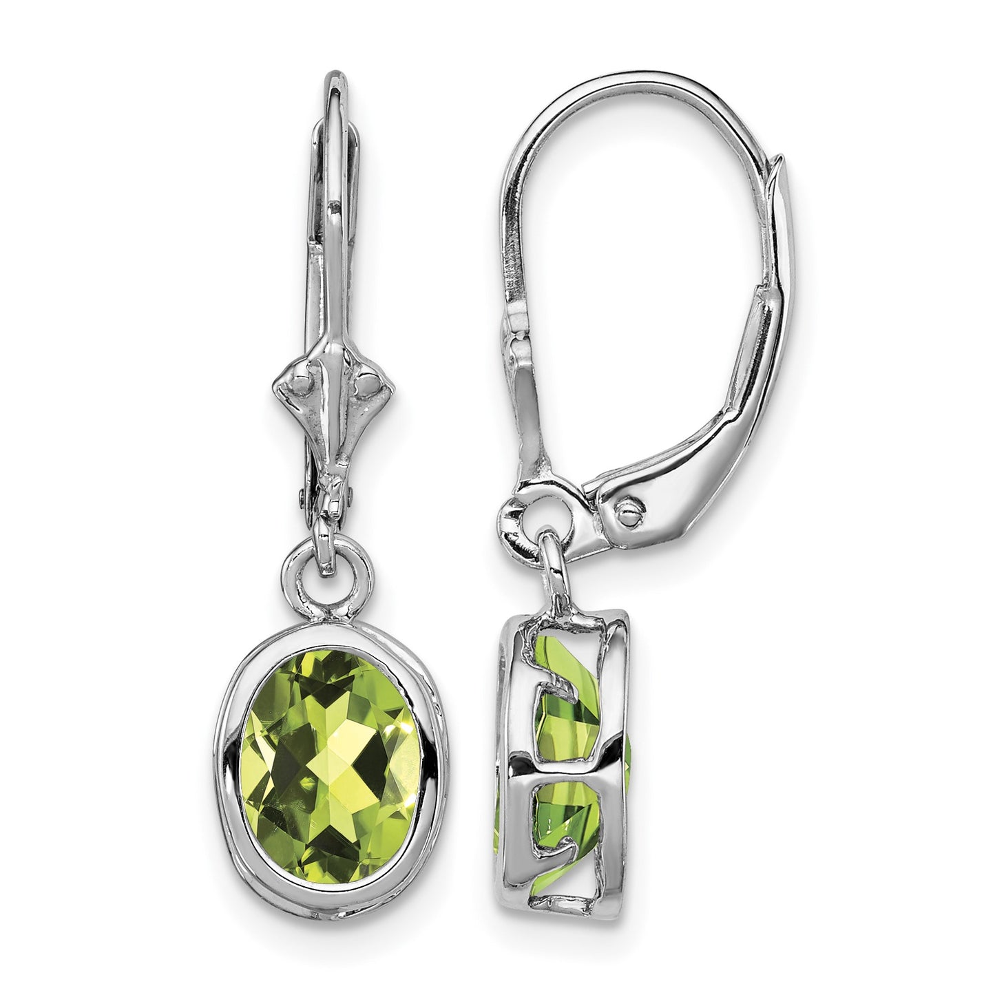 Sterling Silver Rhodium Plated 8x6mm Oval Peridot Leverback Earrings