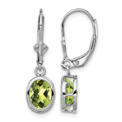 Sterling Silver Rhodium Plated 8x6mm Oval Peridot Leverback Earrings