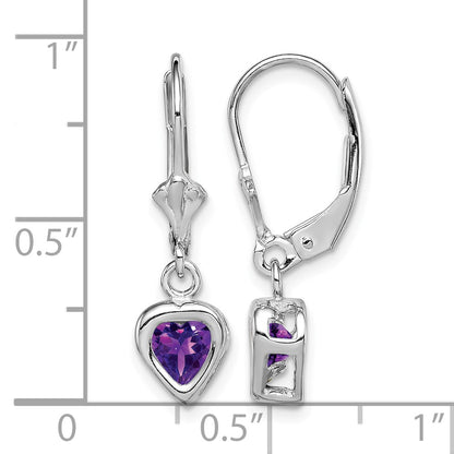 Sterling Silver Rhodium Plated 5mm Heart Amethyst Leverback Earrings
