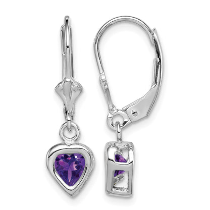 Sterling Silver Rhodium Plated 5mm Heart Amethyst Leverback Earrings