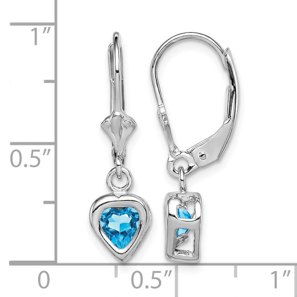 Sterling Silver Rhodium Plated 5mm Heart Blue Topaz Leverback Earrings