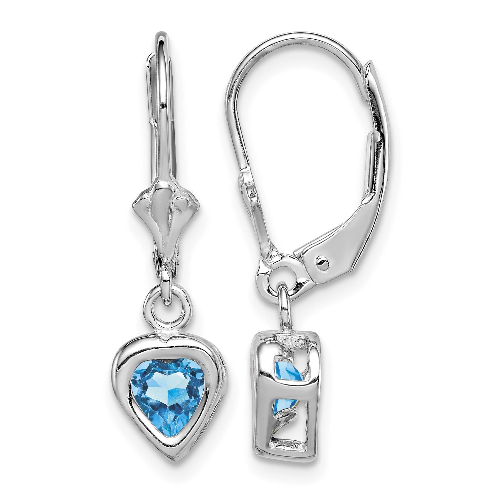 Sterling Silver Rhodium Plated 5mm Heart Blue Topaz Leverback Earrings