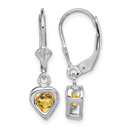 Sterling Silver Rhodium Plated 5mm Heart Citrine Leverback Earrings