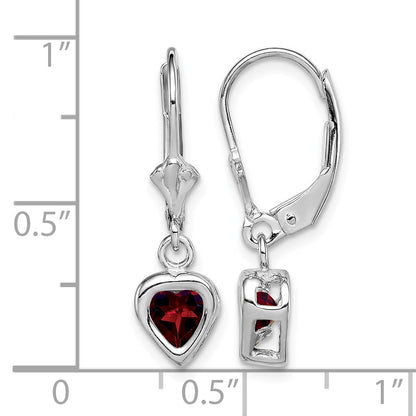 Sterling Silver Rhodium Plated 5mm Heart Garnet Leverback Earrings