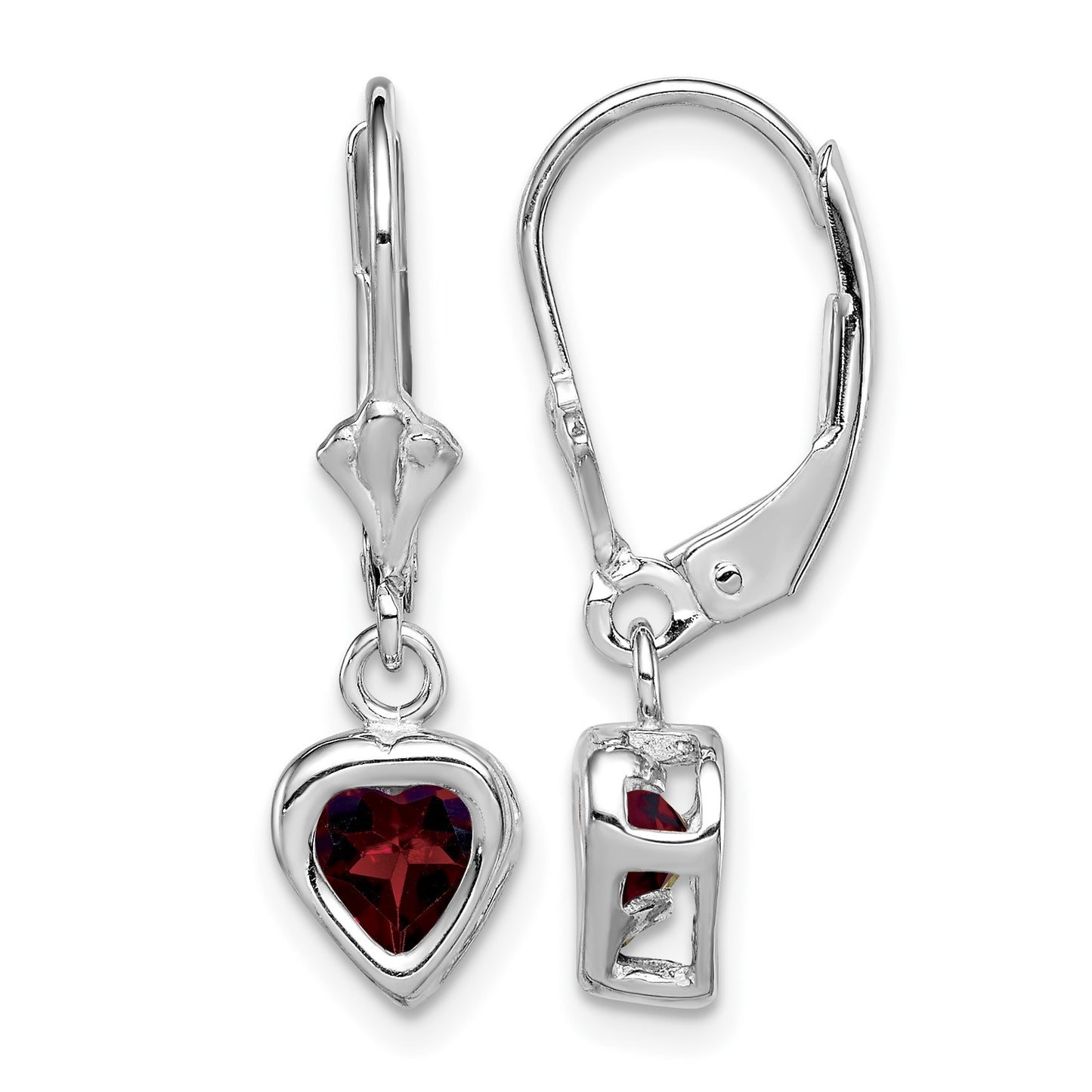 Sterling Silver Rhodium Plated 5mm Heart Garnet Leverback Earrings
