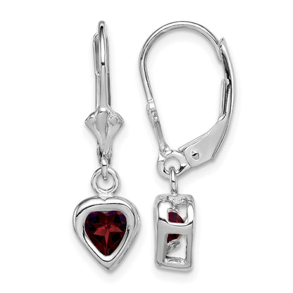 Sterling Silver Rhodium Plated 5mm Heart Garnet Leverback Earrings