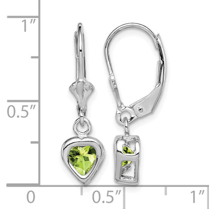 Sterling Silver Rhodium Plated 5mm Heart Peridot Leverback Earrings
