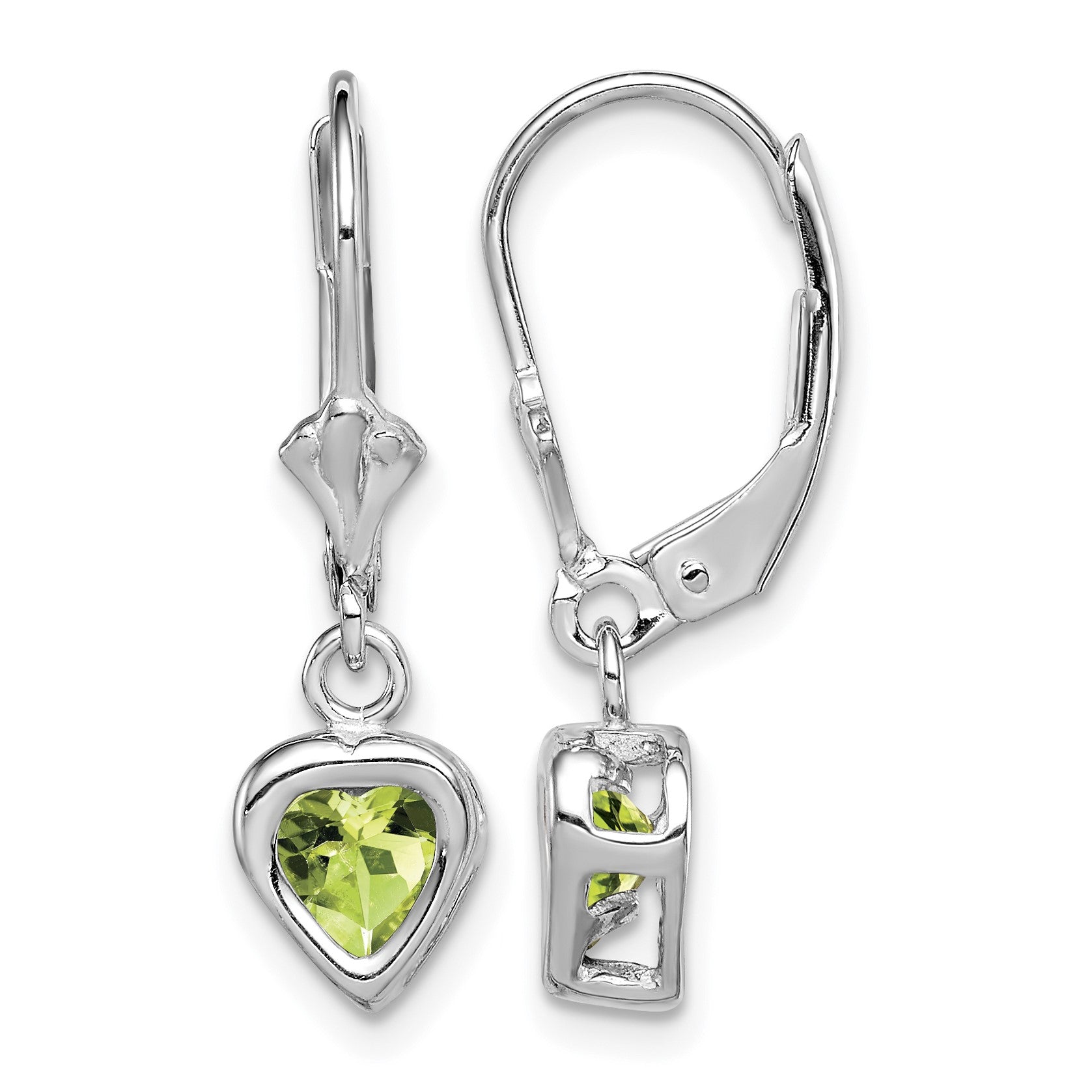 Sterling Silver Rhodium Plated 5mm Heart Peridot Leverback Earrings