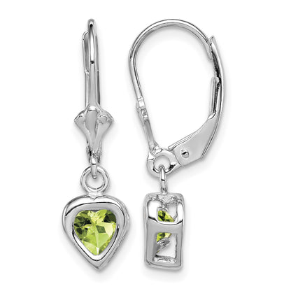 Sterling Silver Rhodium Plated 5mm Heart Peridot Leverback Earrings