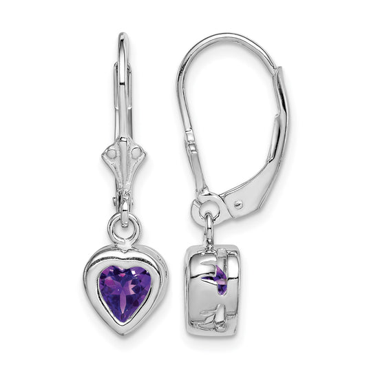Sterling Silver Rhodium Plated 6mm Heart Amethyst Leverback Earrings