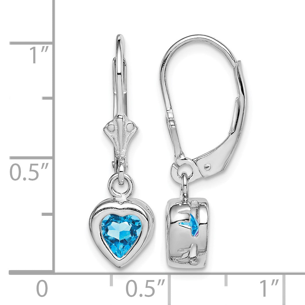 Sterling Silver Rhodium Plated 6mm Heart Blue Topaz Leverback Earrings