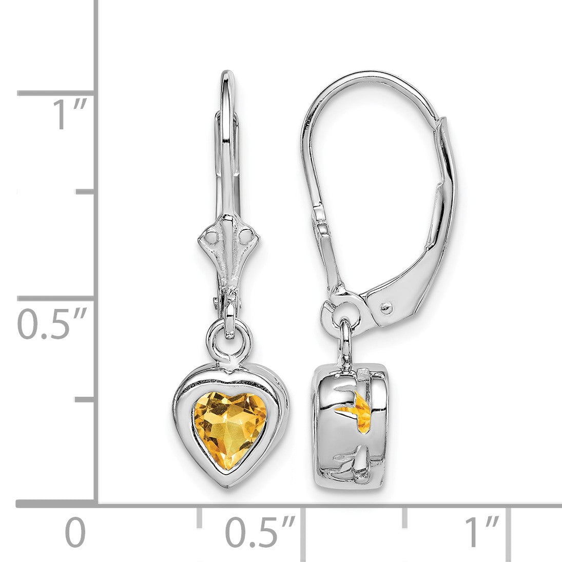 Sterling Silver Rhodium Plated 6mm Heart Citrine Leverback Earrings