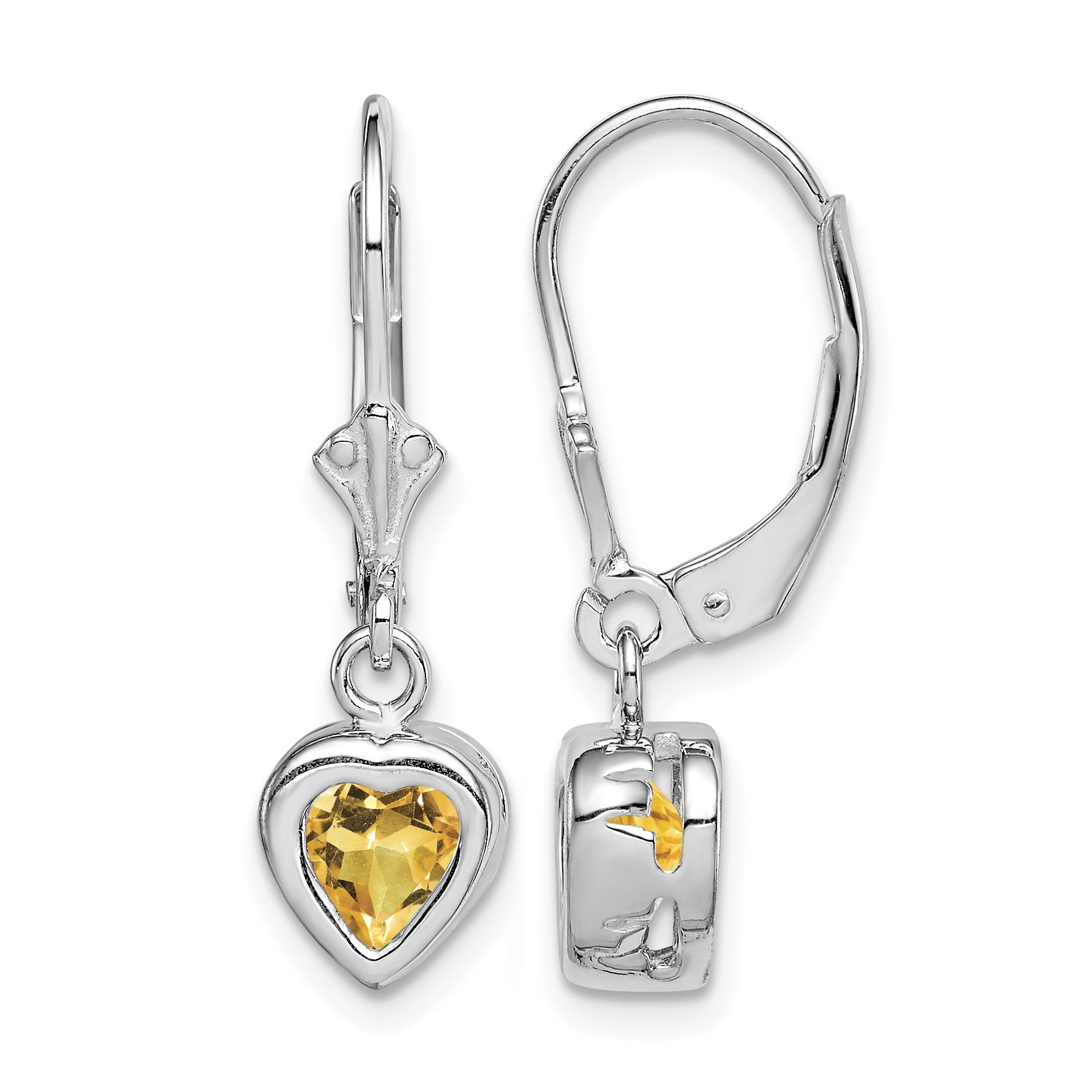 Sterling Silver Rhodium Plated 6mm Heart Citrine Leverback Earrings