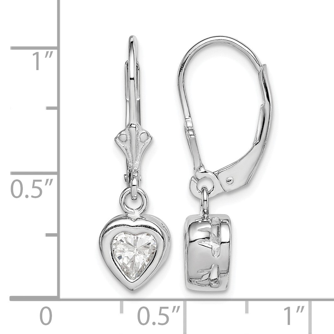 Sterling Silver Rhodium Plated 6mm Heart CZ Leverback Earrings