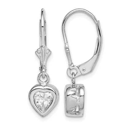 Sterling Silver Rhodium Plated 6mm Heart CZ Leverback Earrings
