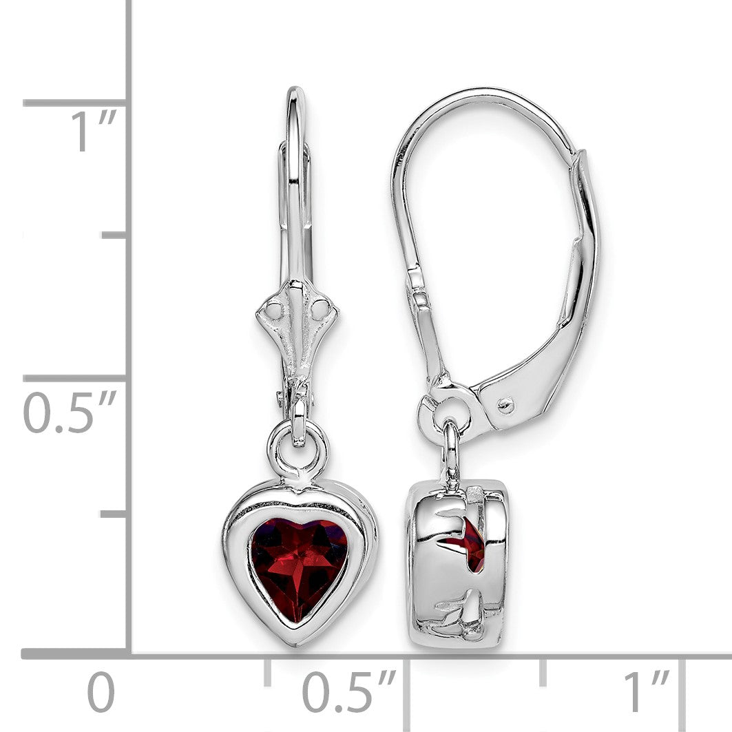 Sterling Silver Rhodium Plated 6mm Heart Garnet Leverback Earrings
