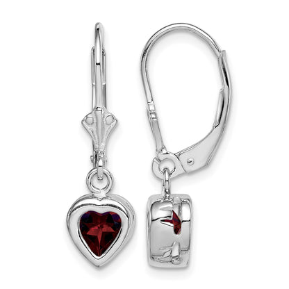 Sterling Silver Rhodium Plated 6mm Heart Garnet Leverback Earrings
