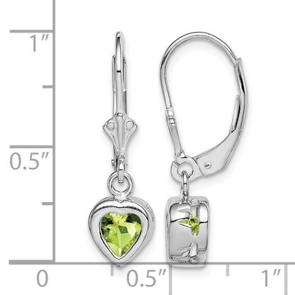 Sterling Silver Rhodium Plated 6mm Heart Peridot Leverback Earrings