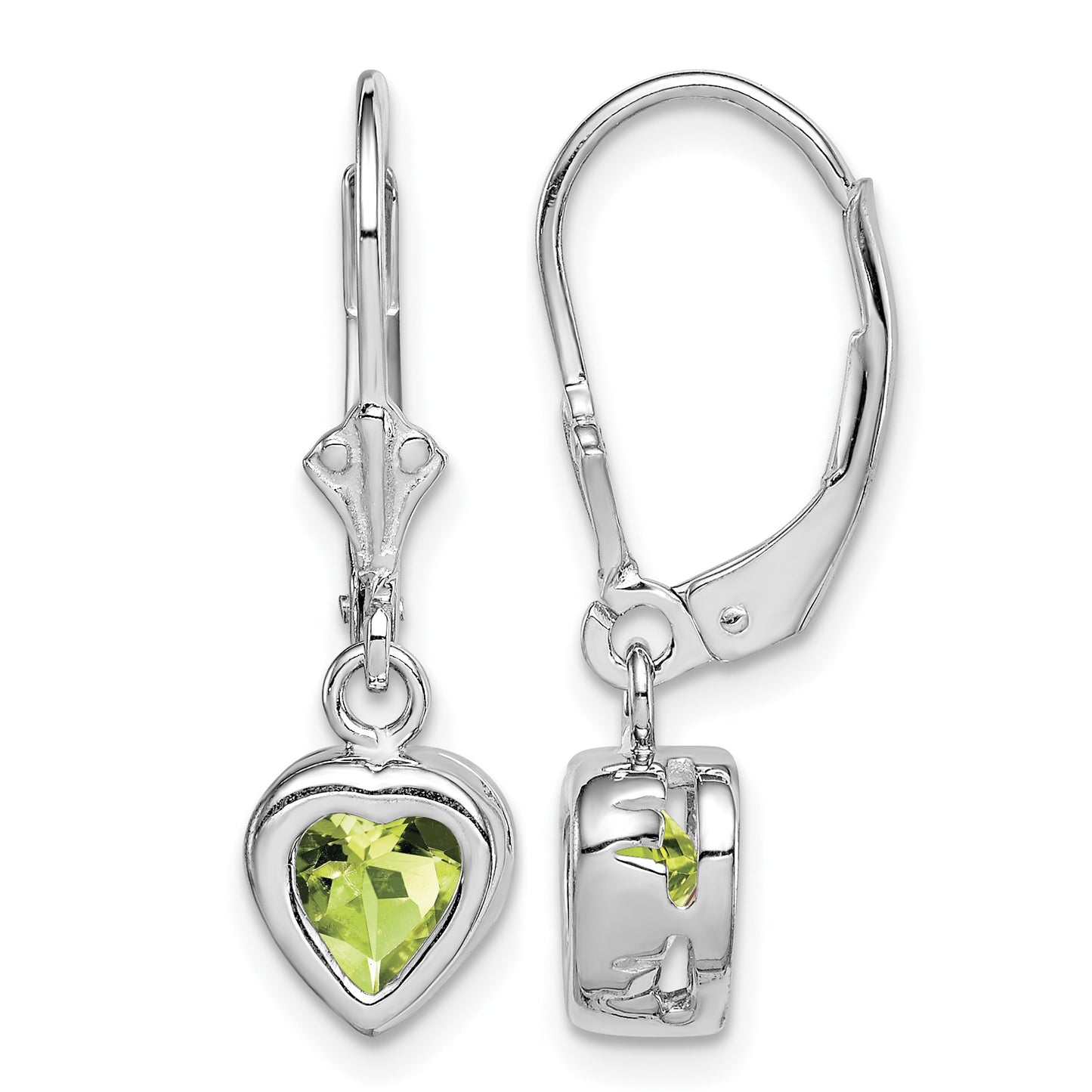 Sterling Silver Rhodium Plated 6mm Heart Peridot Leverback Earrings
