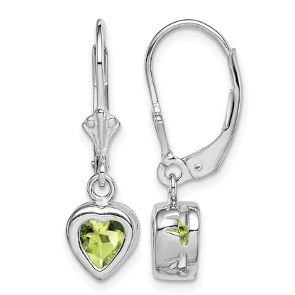 Sterling Silver Rhodium Plated 6mm Heart Peridot Leverback Earrings
