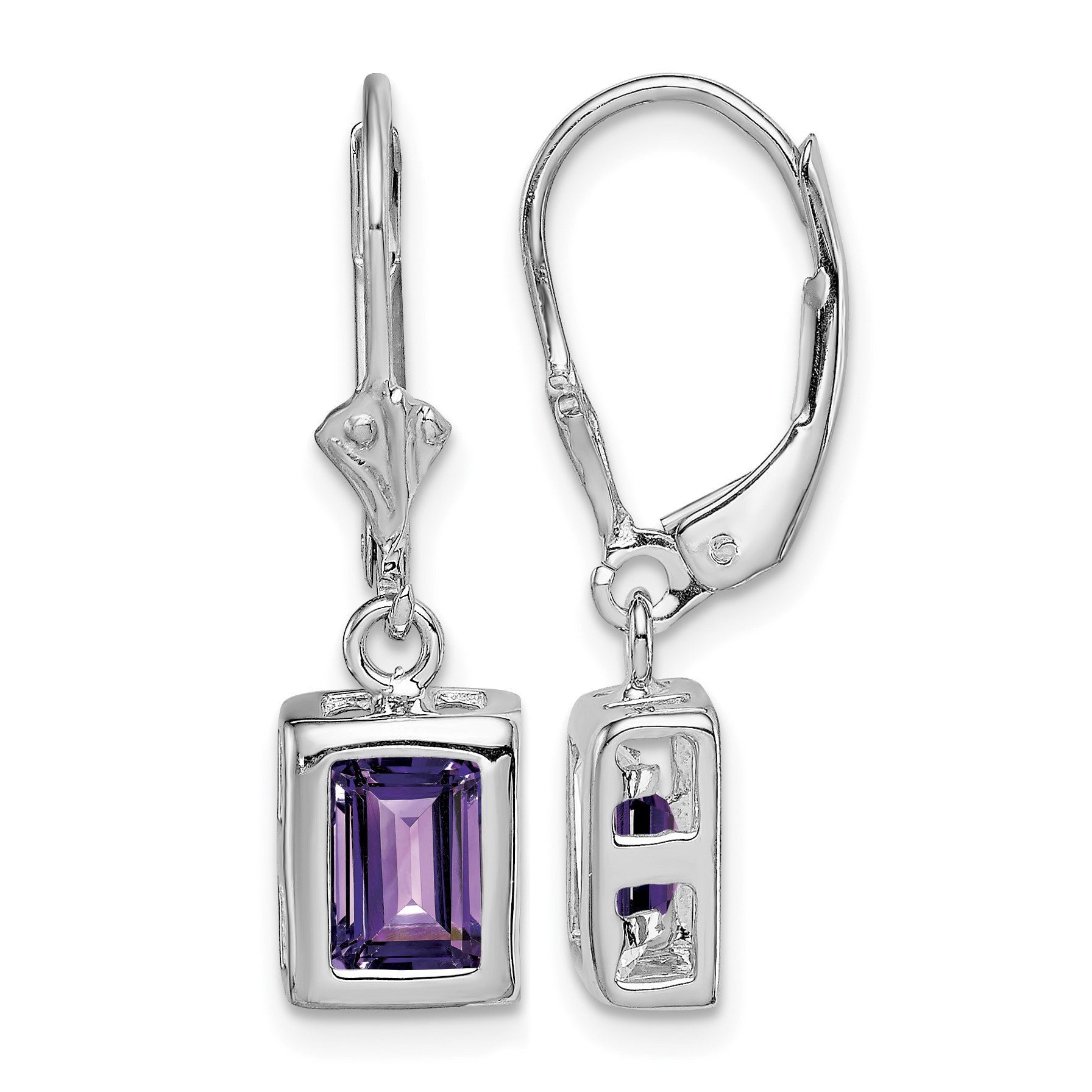 Sterling Silver RH Plated 7x5 Emerald Cut Amethyst Leverback Earrings