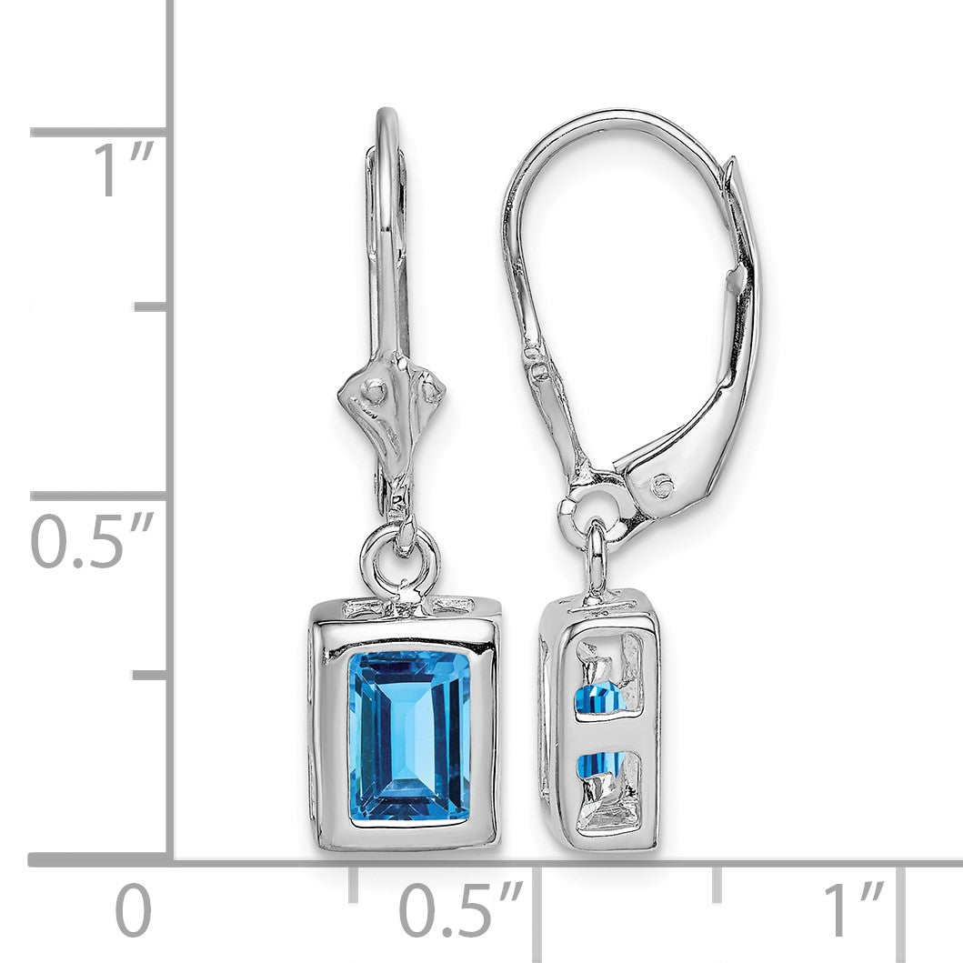 Sterling Silver RH Plated 7x5 Emerald Cut Blue Topaz Leverback Earrings