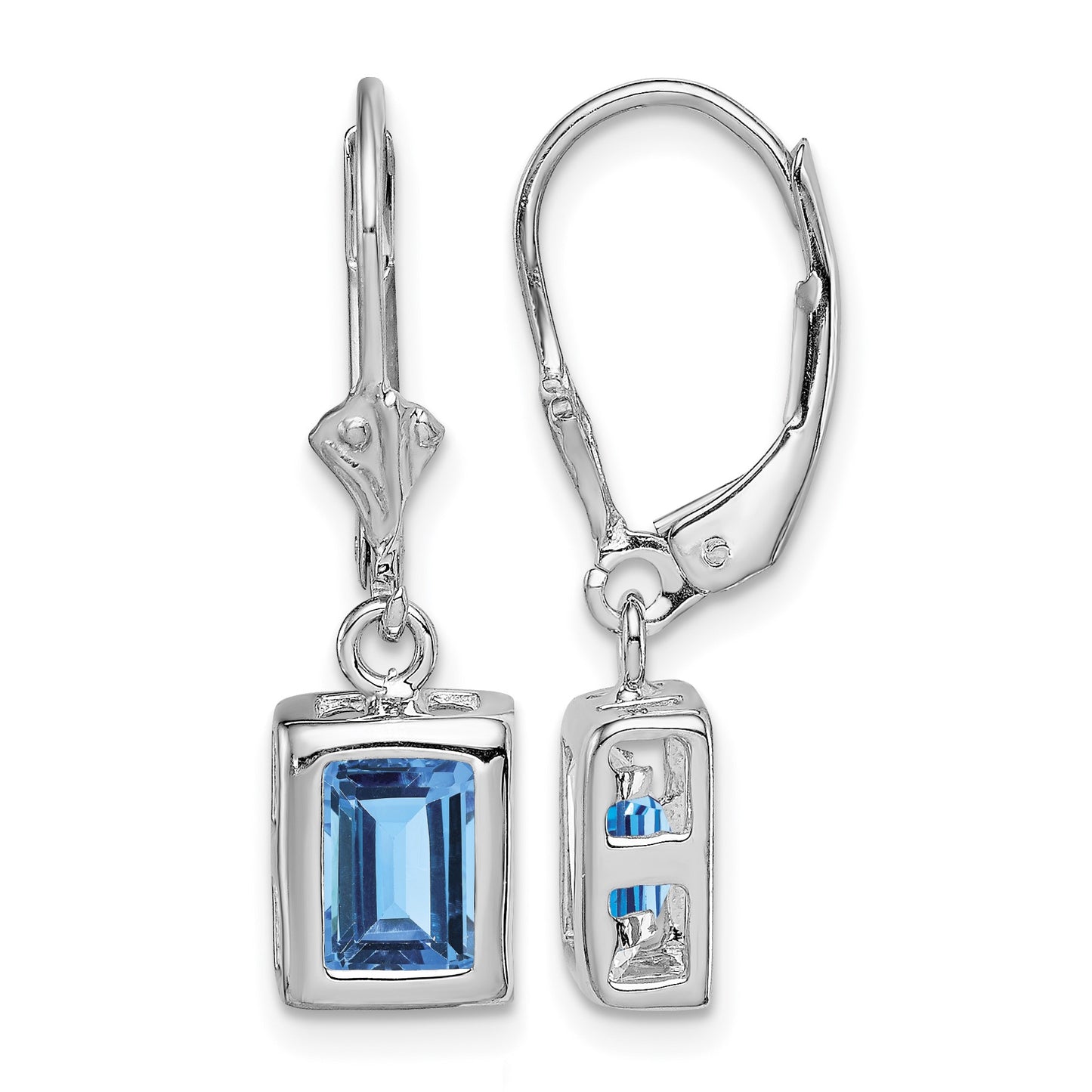 Sterling Silver RH Plated 7x5 Emerald Cut Blue Topaz Leverback Earrings