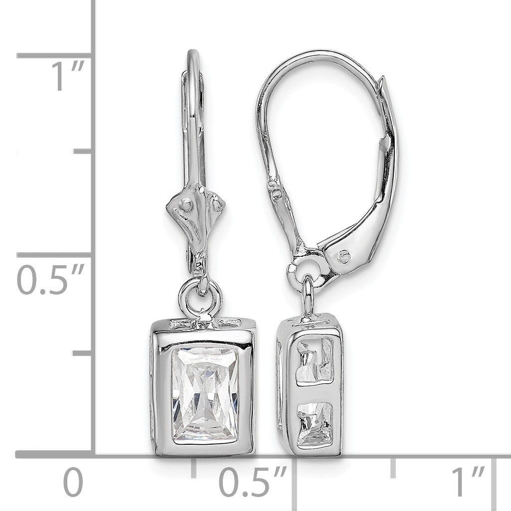 Sterling Silver Rhodium Plated 7x5 Emerald Cut CZ Leverback Earrings