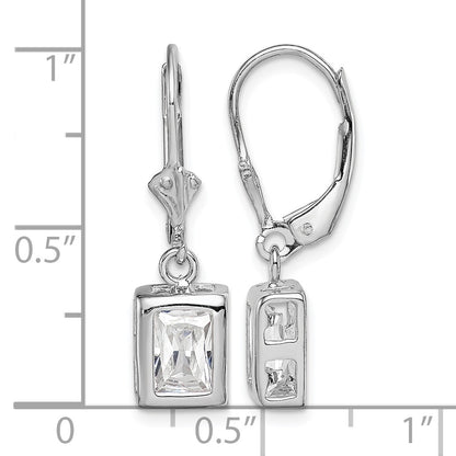 Sterling Silver Rhodium Plated 7x5 Emerald Cut CZ Leverback Earrings