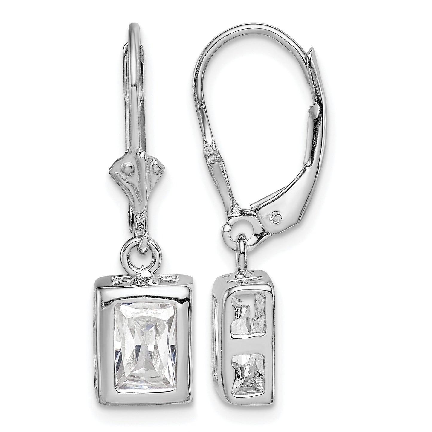 Sterling Silver Rhodium Plated 7x5 Emerald Cut CZ Leverback Earrings