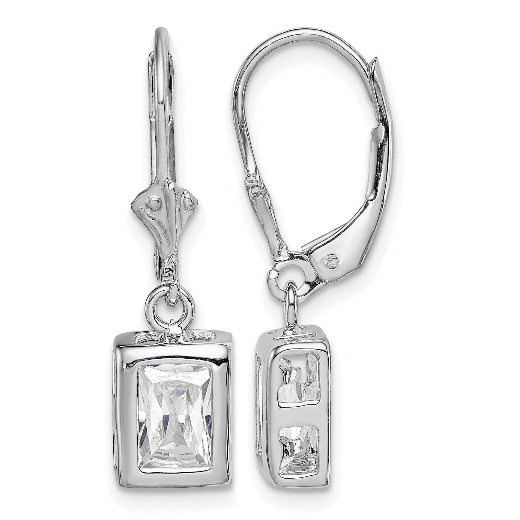 Sterling Silver Rhodium Plated 7x5 Emerald Cut CZ Leverback Earrings