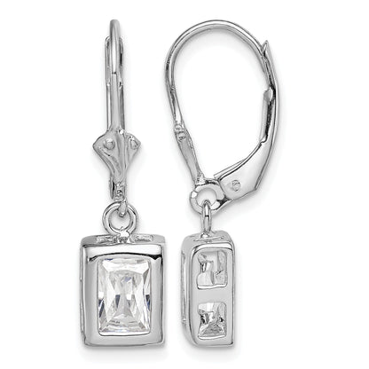 Sterling Silver Rhodium Plated 7x5 Emerald Cut CZ Leverback Earrings
