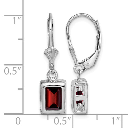 Sterling Silver Rhodium Plated 7x5 Emerald Cut Garnet Leverback Earrings