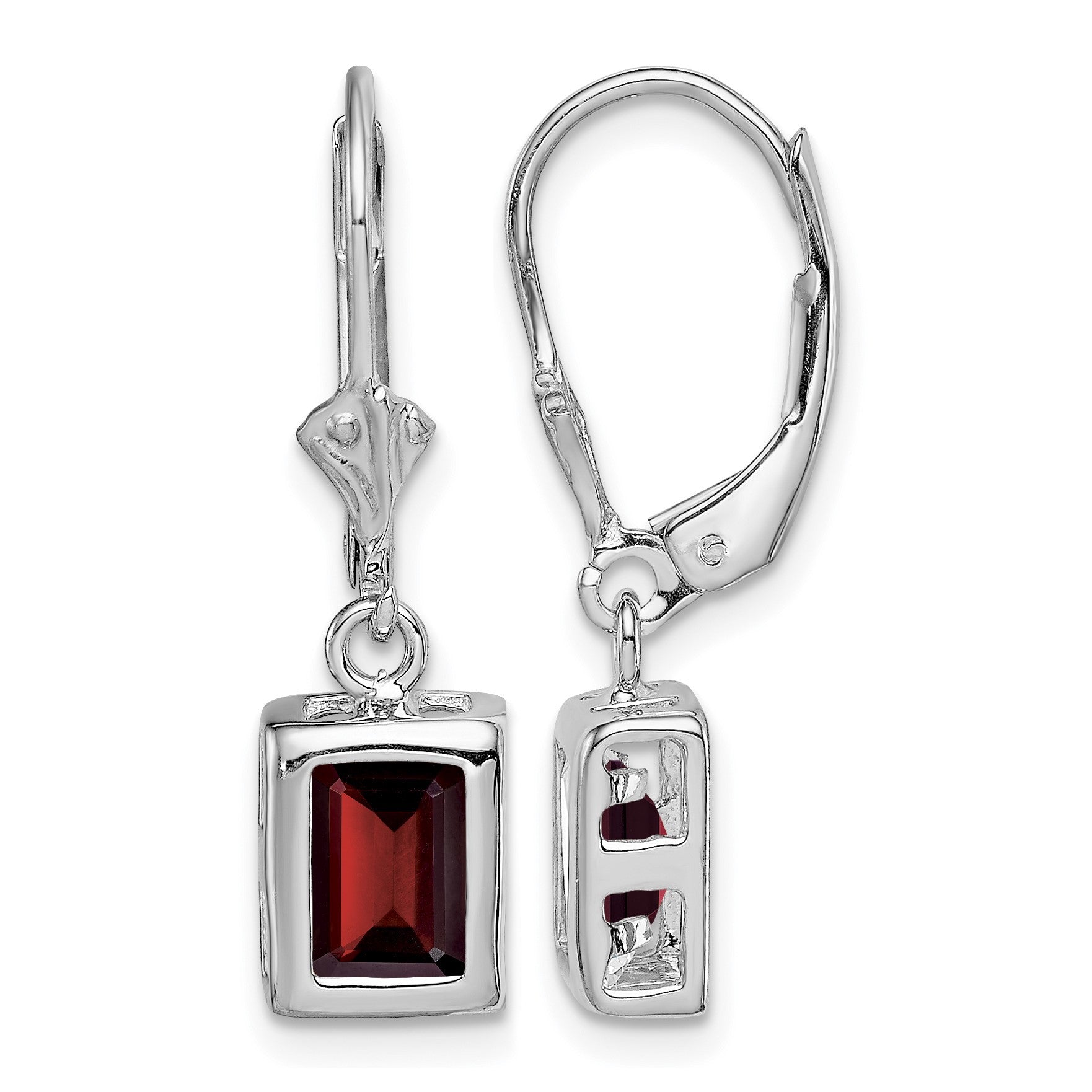 Sterling Silver Rhodium Plated 7x5 Emerald Cut Garnet Leverback Earrings