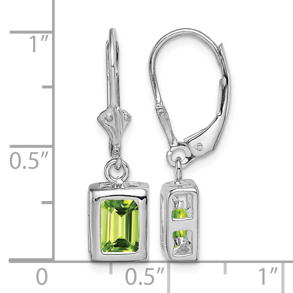 Sterling Silver Rhodium Plated 7x5 Emerald Cut Peridot Leverback Earrings