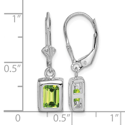 Sterling Silver Rhodium Plated 7x5 Emerald Cut Peridot Leverback Earrings