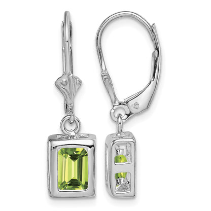 Sterling Silver Rhodium Plated 7x5 Emerald Cut Peridot Leverback Earrings