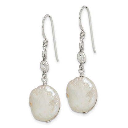 Sterling Silver Polished White 12-13mm Coin Freshwater Cultured Pearl & CZ Dangle Earrings
