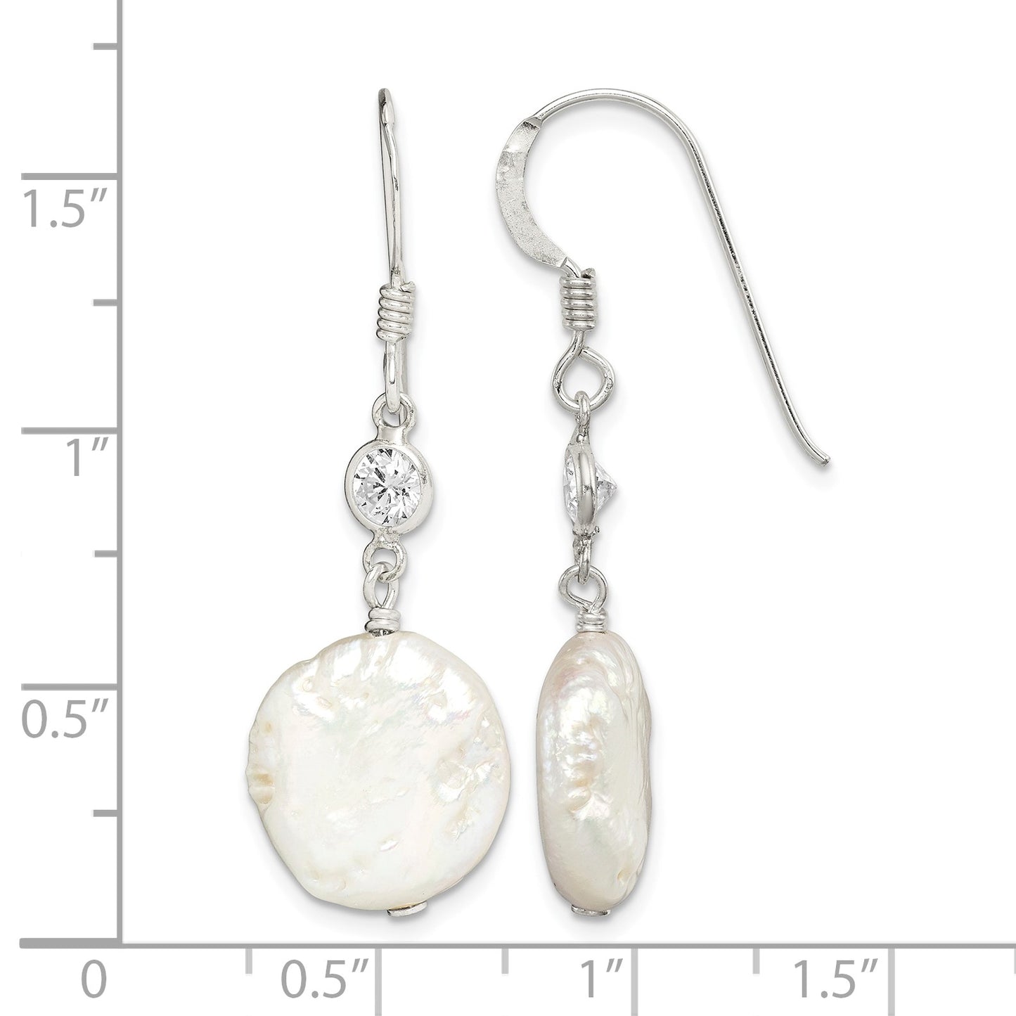 Sterling Silver Polished White 12-13mm Coin Freshwater Cultured Pearl & CZ Dangle Earrings